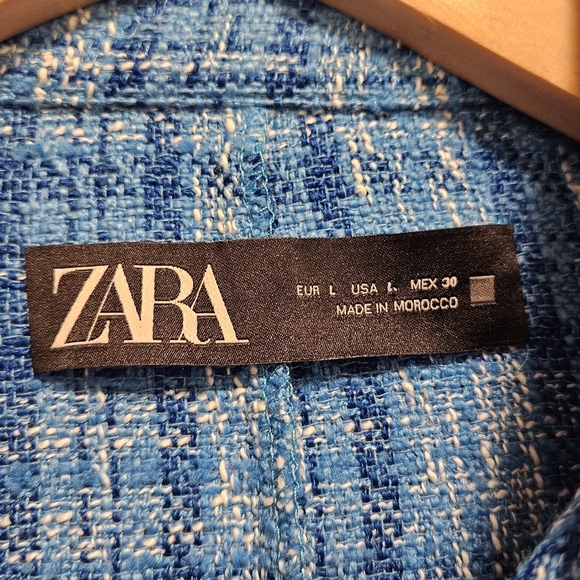 Zara Women's Plaid Tweed Cropped Long Sleeve Button Down Blazer Top Blue Size L. - Picture 13 of 16